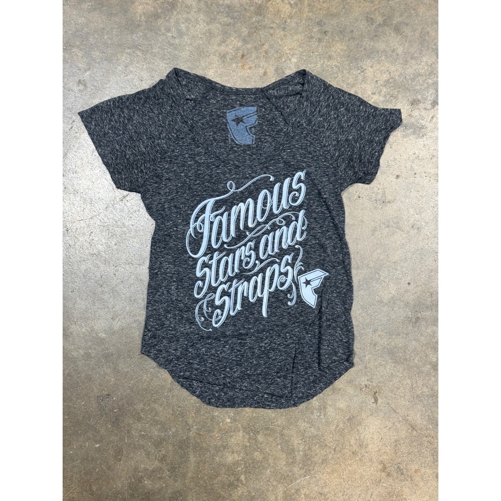 Famous Stars and Straps Graphic Tee Womens Small Grey Good Scoop Neck Curved Hem